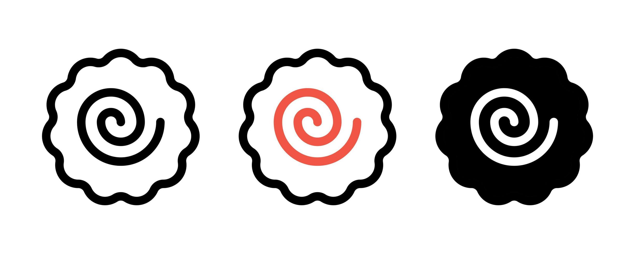 Narutomaki or kamaboko surimi vector icons set in outline and filled style. Traditional Japanese naruto steamed fish cake with pink swirl in the center. Topping for ramen noodle soup isolated.