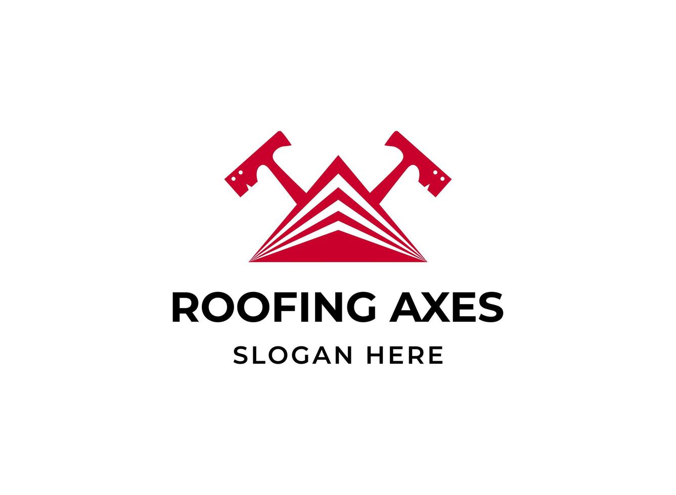 Roofing hatchets logo. House roof levels triangle with two crossed carpenter axes logotype. Construction or building company branding symbol vector