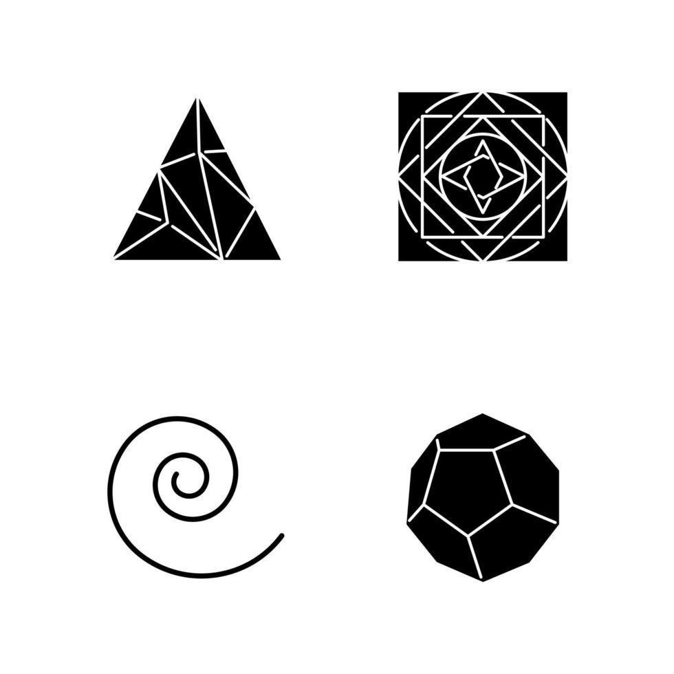 Geometric figures glyph icons set. Polygonal triangle. Solid square. Swirls, curved stokes. Abstract shapes. Filled dodecahedron. Isometric forms. Silhouette symbols. Vector isolated illustration