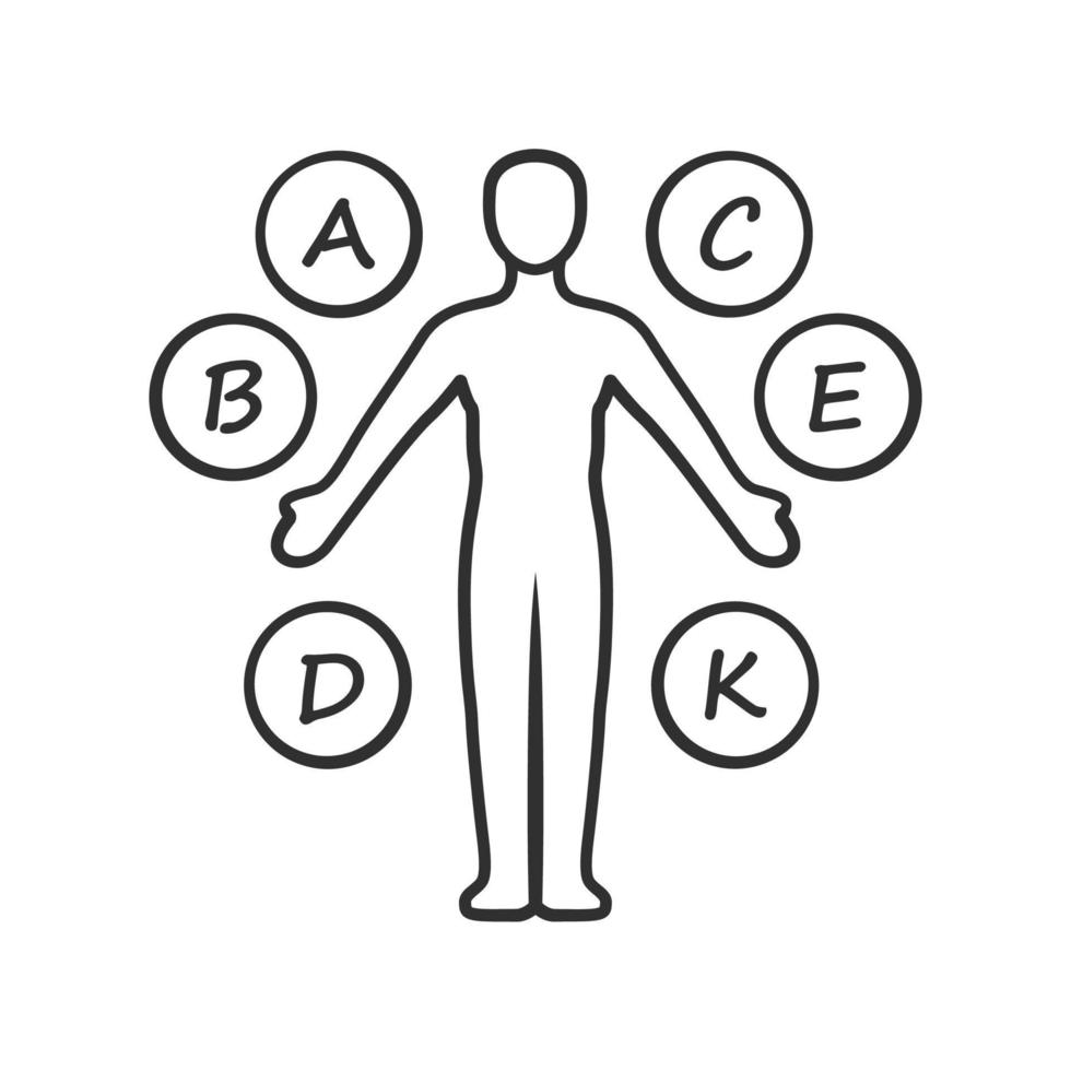 Body vitamins linear icon. A, B, C, D, E, K multivitamins. Vital minerals, antioxidants. Healthcare, medicine. Thin line illustration. Contour symbol. Vector isolated outline drawing. Editable stroke