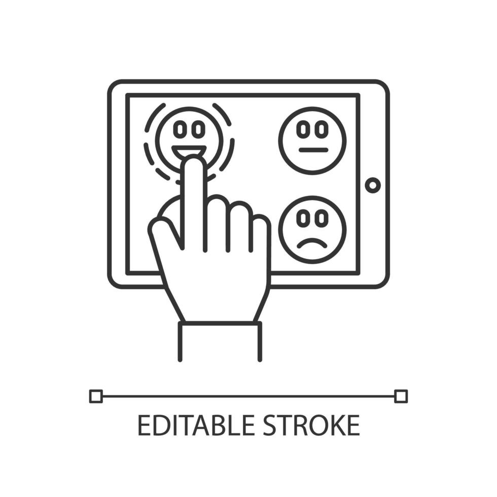 Online survey linear icon. Feedback. Hand picking emoticon on tablet display. Customer satisfaction level. Thin line illustration. Contour symbol. Vector isolated outline drawing. Editable stroke