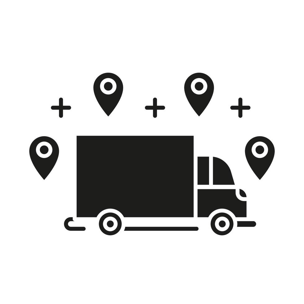 Delivery option glyph icon. Online order tracking. Shipping truck with location marks. Delivery service. Logistics and distribution. Silhouette symbol. Negative space. Vector isolated illustration