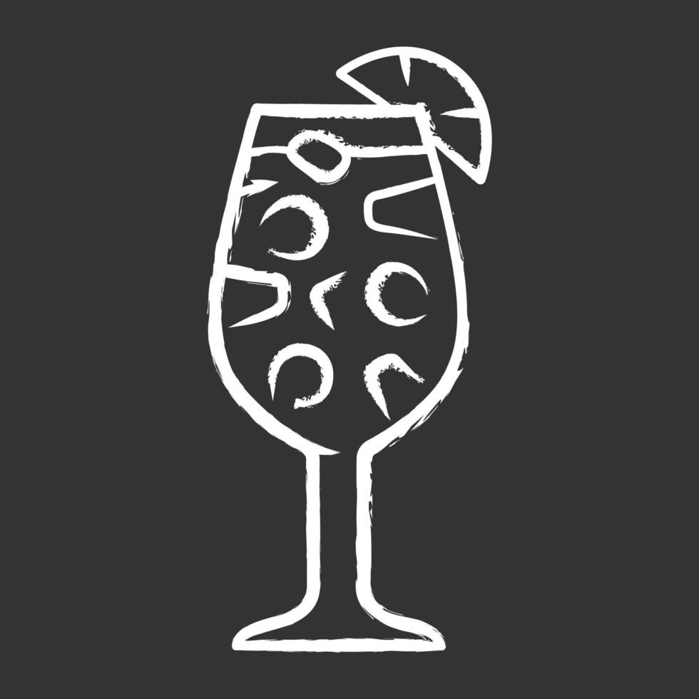 Sangria chalk icon. Footed glass with drink, pieces of fruit. Easy traditional Spanish alcoholic cocktail. Summer refreshing drink. Punch with wine and juice. Isolated vector chalkboard illustration