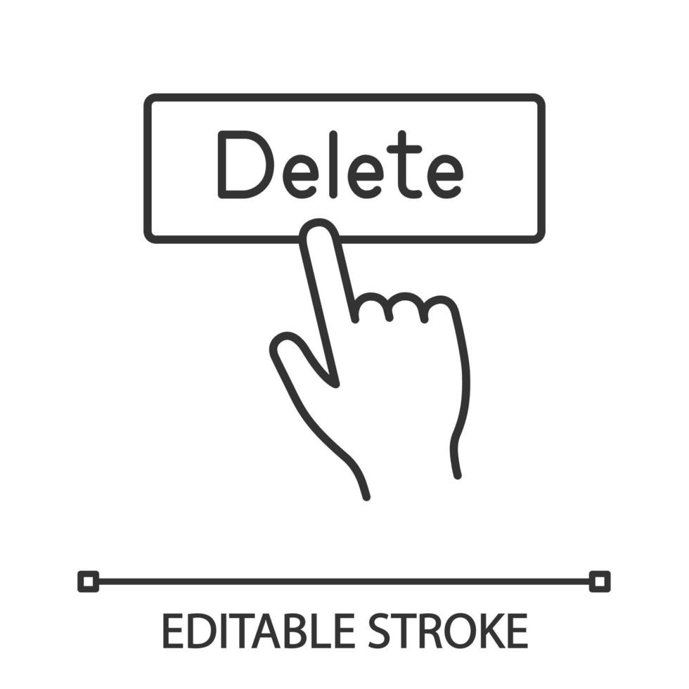 Delete button click linear icon. Thin line illustration. Del. Hand pressing button. Contour symbol. Vector isolated outline drawing. Editable stroke
