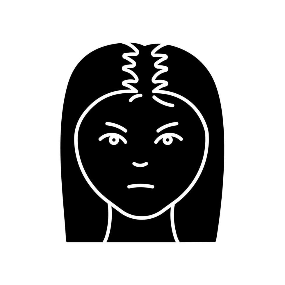 Female hair black glyph icon. Woman with alopecia. Hairloss problem. Dermatology and beauty treatment. Thinning hairline. Falling hair. Silhouette symbol on white space. Vector isolated illustration