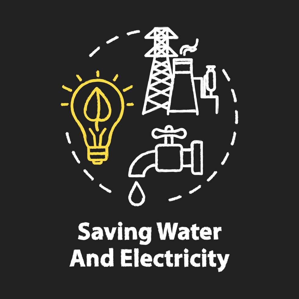 Saving water and electricity chalk RGB color concept icon. Responsible resource consumption. Efficient usage. Ecology idea. Vector isolated chalkboard illustration on black background