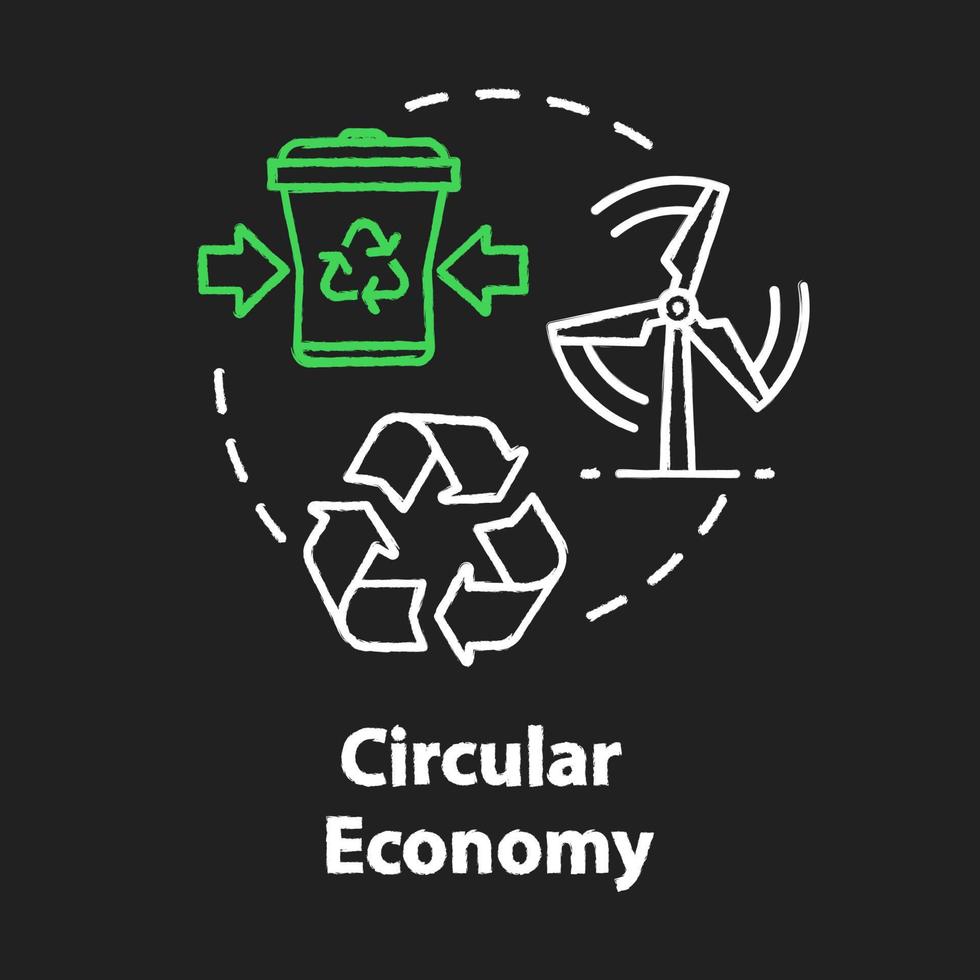 Circular economy chalk RGB color concept icon. Infinite industrial loop. Sustainability and recycling. Market development idea. Vector isolated chalkboard illustration on black background