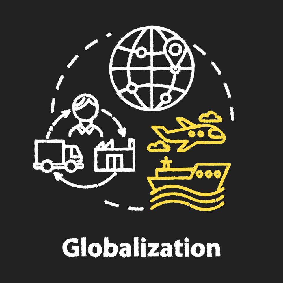 icono de concepto de color rgb de tiza de globalización. economia internacional. distribución global. expansión de mercado. idea de comercio mundial. ilustración de pizarra aislada vectorial sobre fondo negro vector