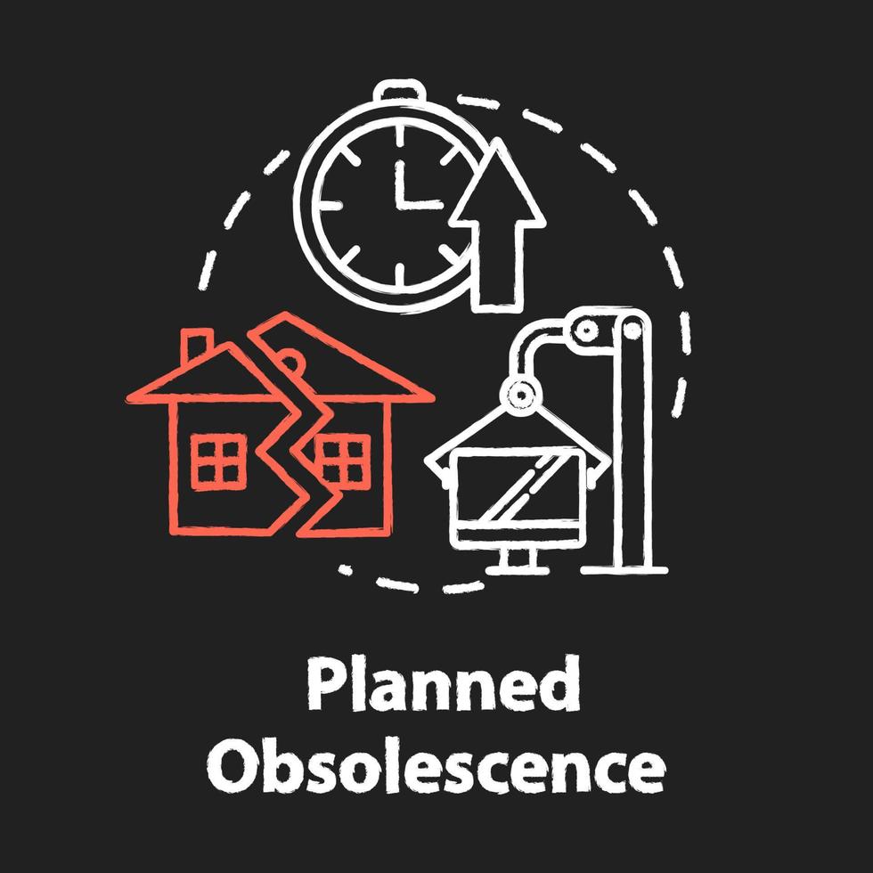 Planned obsolescence chalk RGB color concept icon. Products with limited period of use. Unendurable technology. Overconsumption idea. Vector isolated chalkboard illustration on black background