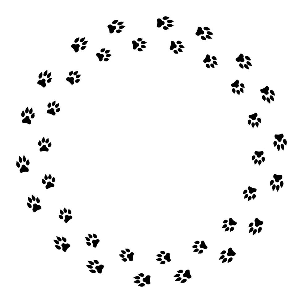 Round frame with black dog track isolated on white background. Animal footprint silhouette. Border with pet track. vector