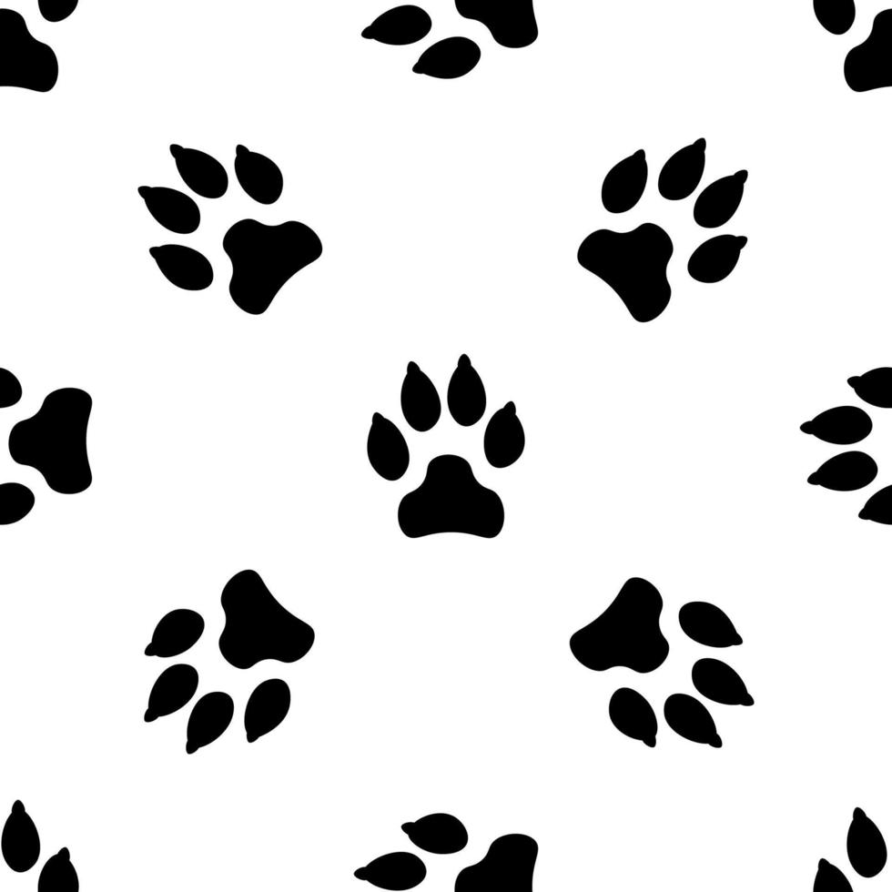 Seamless pattern with black dog track isolated on white background. Animal footprint silhouette. Background with pet track. vector