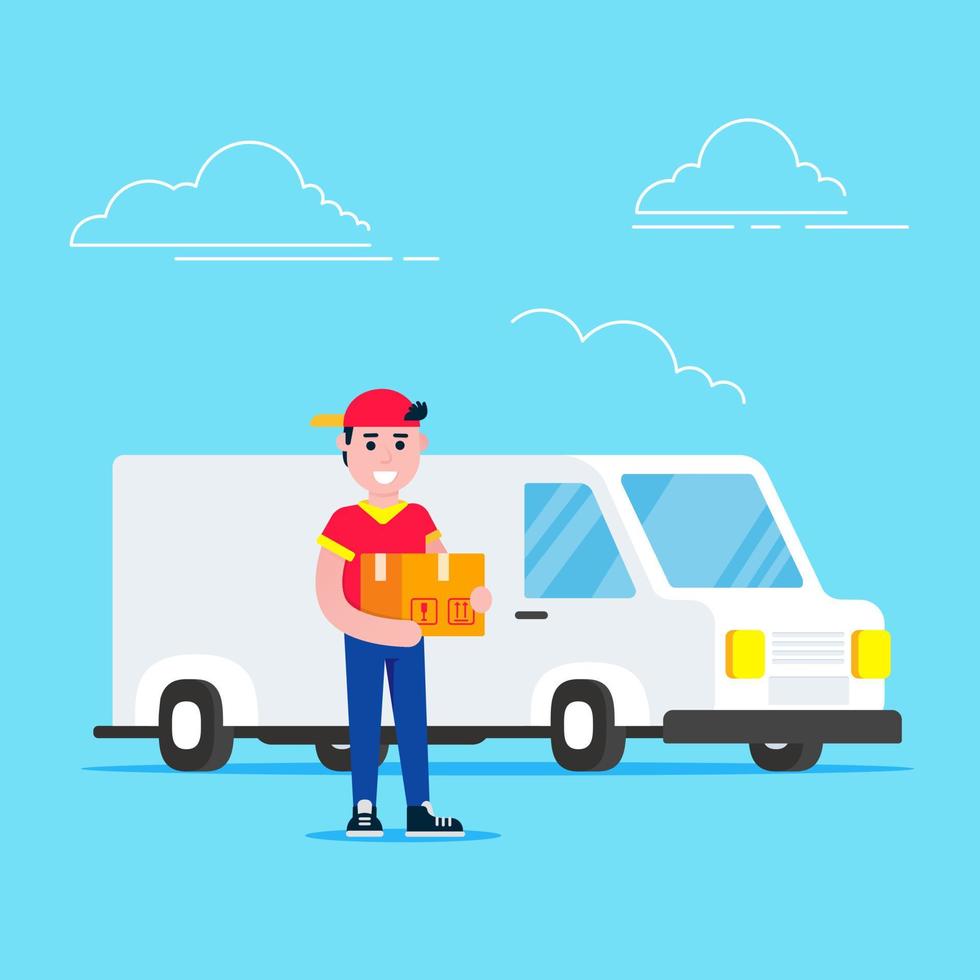 Fast white delivery vehicle car van and man character with box near mailbox flat style design vector illustration isolated on light blue background. Symbol of delivery company.