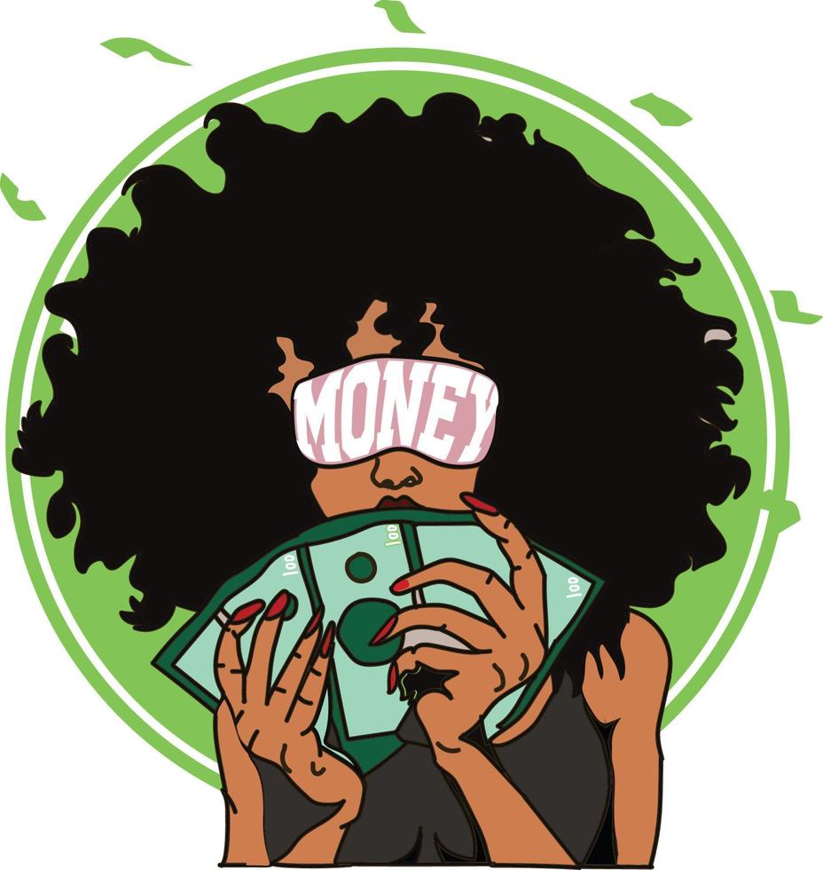 chica afro sosteniendo dinero vector