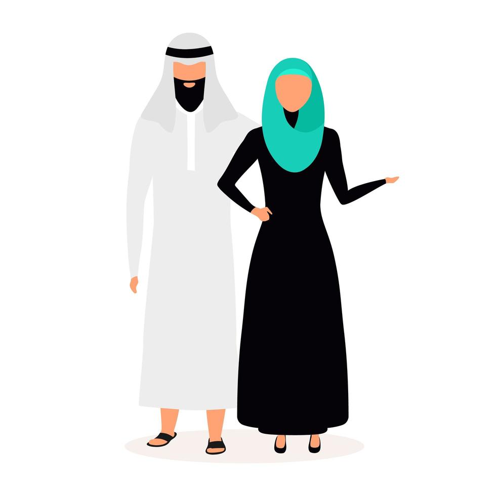 Indonesians flat vector illustration. Couple stands nearby. Muslim people. Woman in hijab. Asian culture. People dressed in national clothing isolated cartoon character on white background