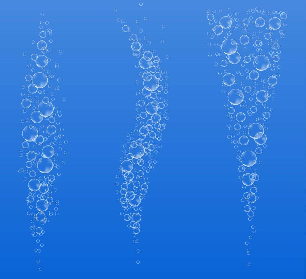 Underwater bubbles of fizzing soda. Streams of air. Dissolving tablets. Realistic oxygen pop in effervescent drink. Vector sparkles on blue background.