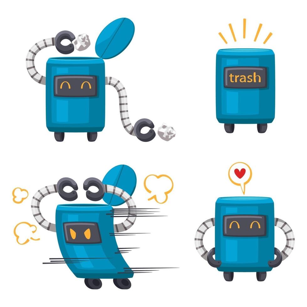 Set of android character robot cleaning cartoon style futuristic machine for home use. vector