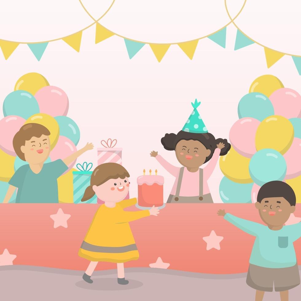 niño en fiesta de cumpleaños. niños y padres celebran. niño con sombrero bailando y riendo juntos. vector