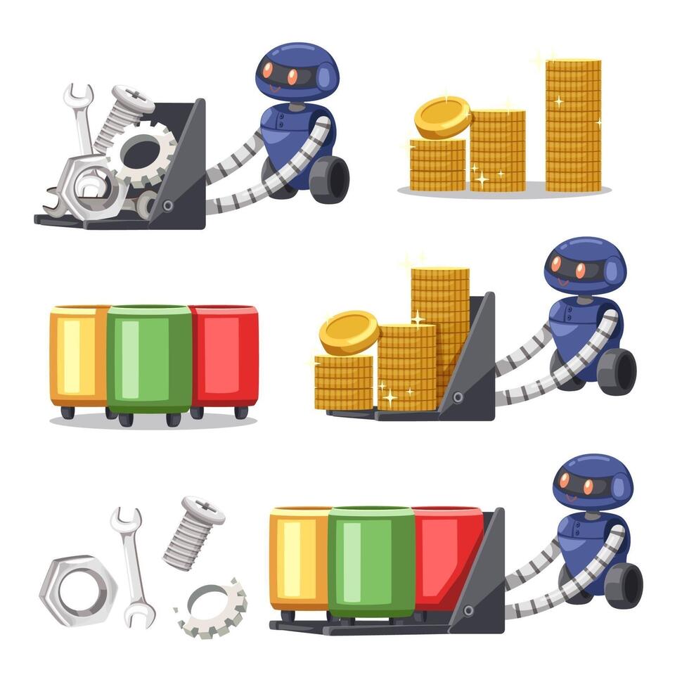 Set of android character robot cartoon style futuristic machine for industrial use. vector