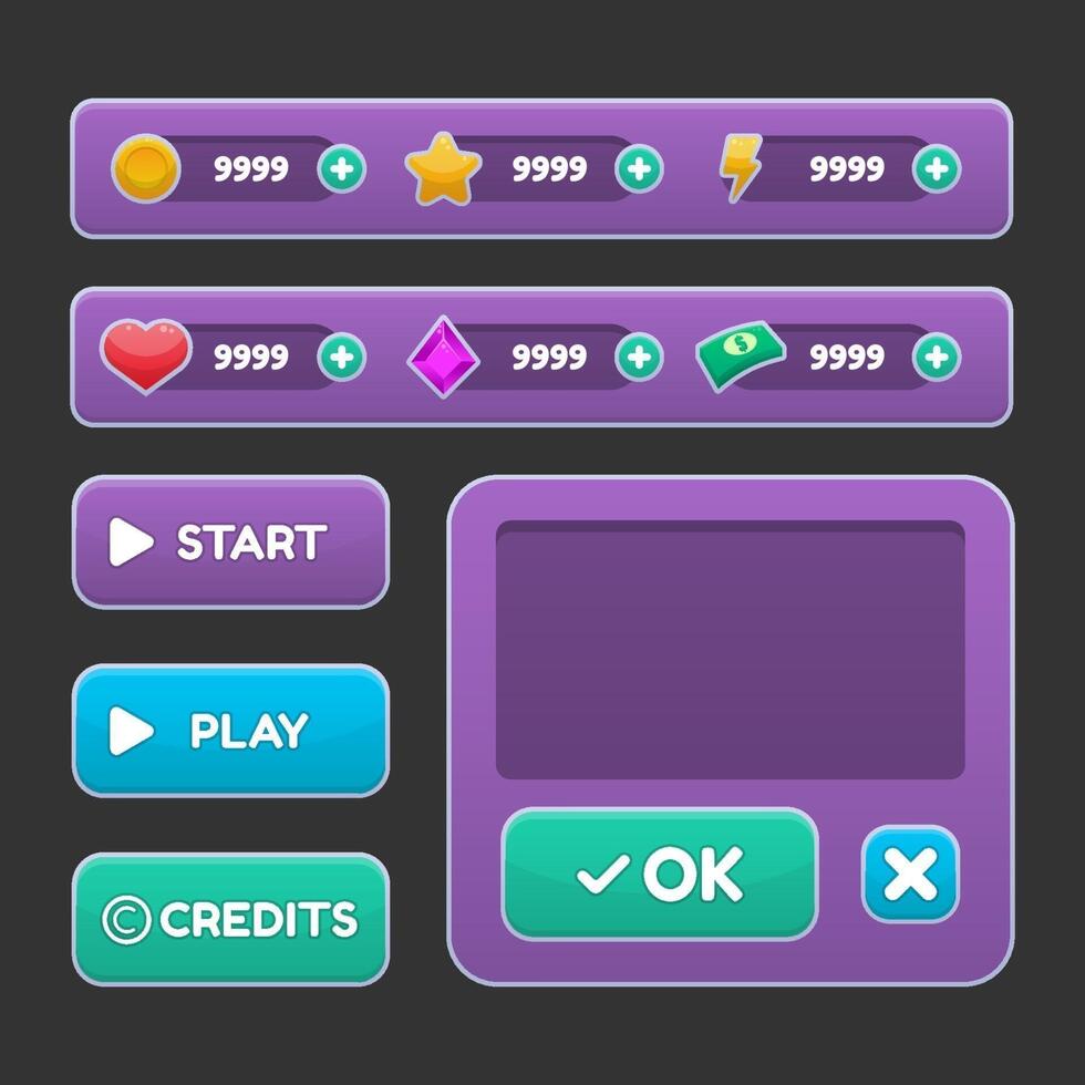 Button set designed game user interface GUI for video games, computers. vector