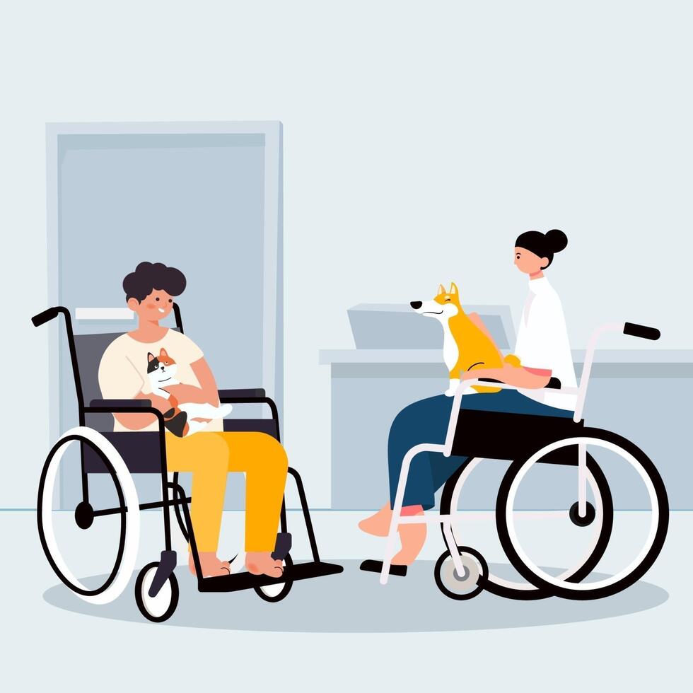 Disabled man and woman in wheelchair holding pet vector