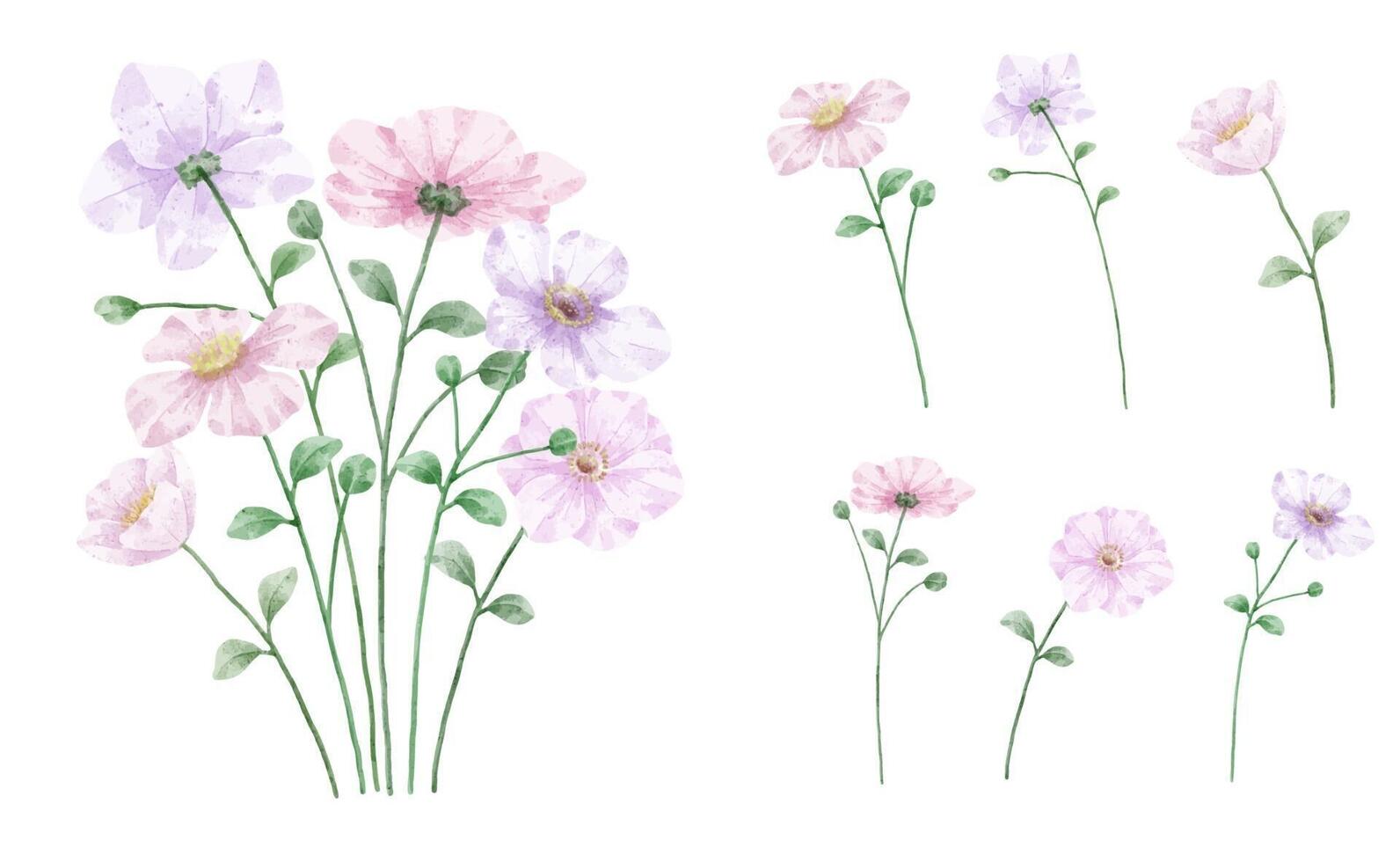 un conjunto de flores pintadas en acuarela para crear un trabajo de diseñador vector