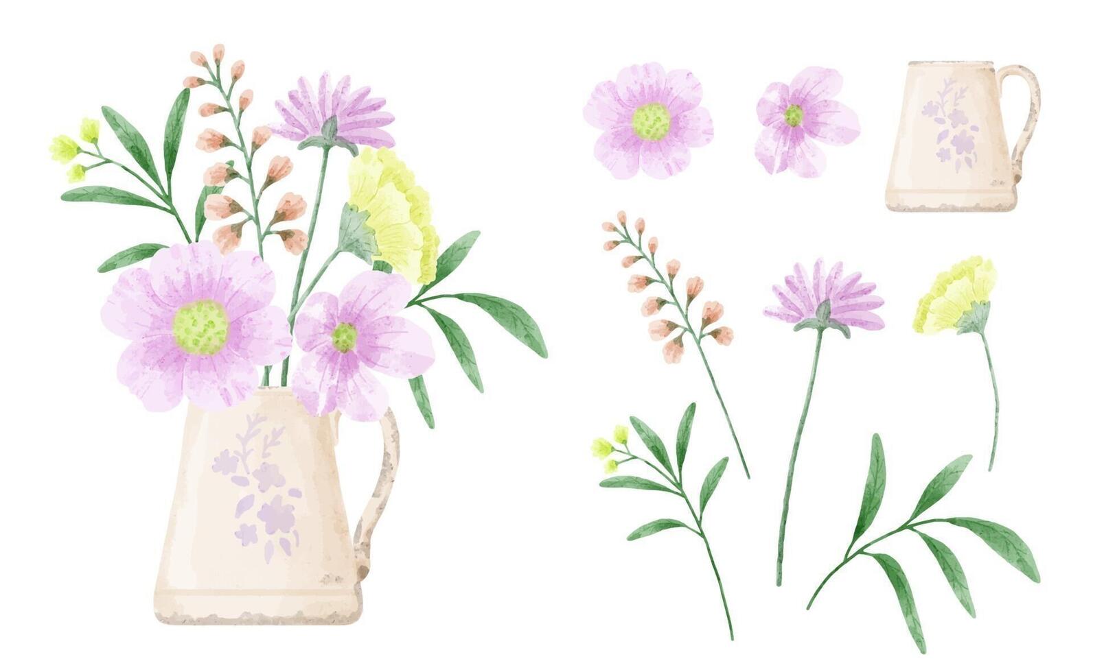 un conjunto de flores pintadas en acuarela para crear un trabajo de diseñador vector