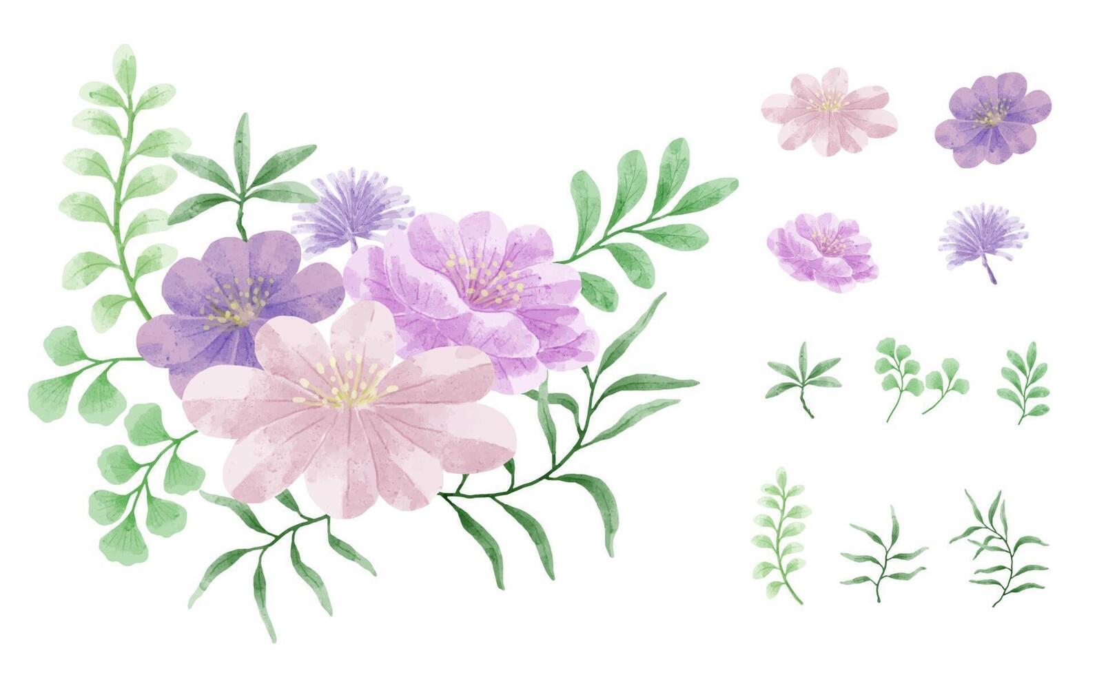 un conjunto de flores pintadas en acuarela para crear un trabajo de diseñador vector