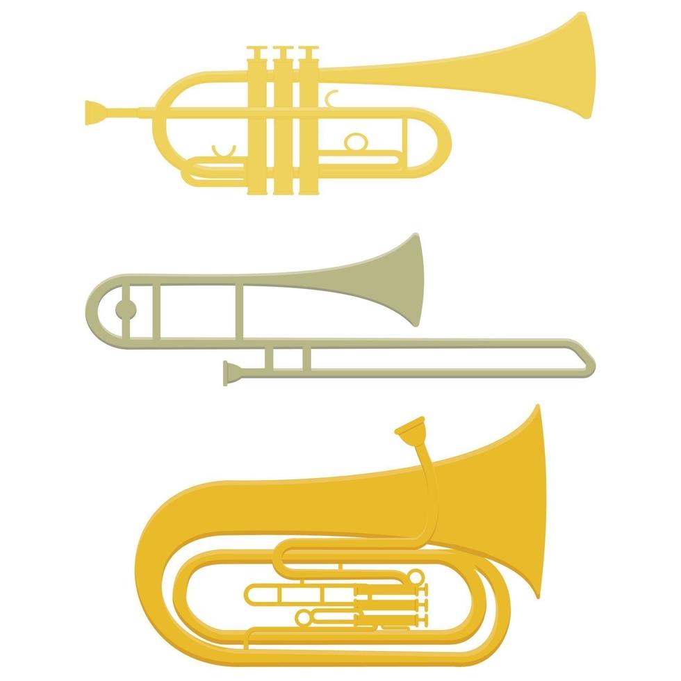 Set of musical wind instruments trumpet trombone tuba, color isolated vector illustration