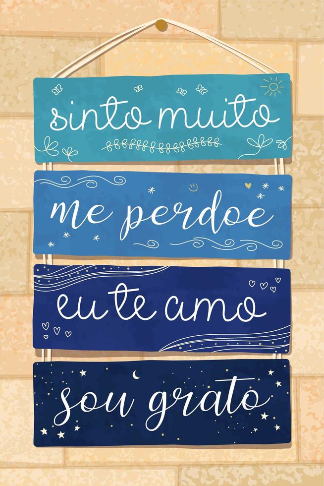 Blue Pallet Lettering in Brazilian Portuguese. Translation - I am really sorry, Forgive me, I love you, I'm grateful vector