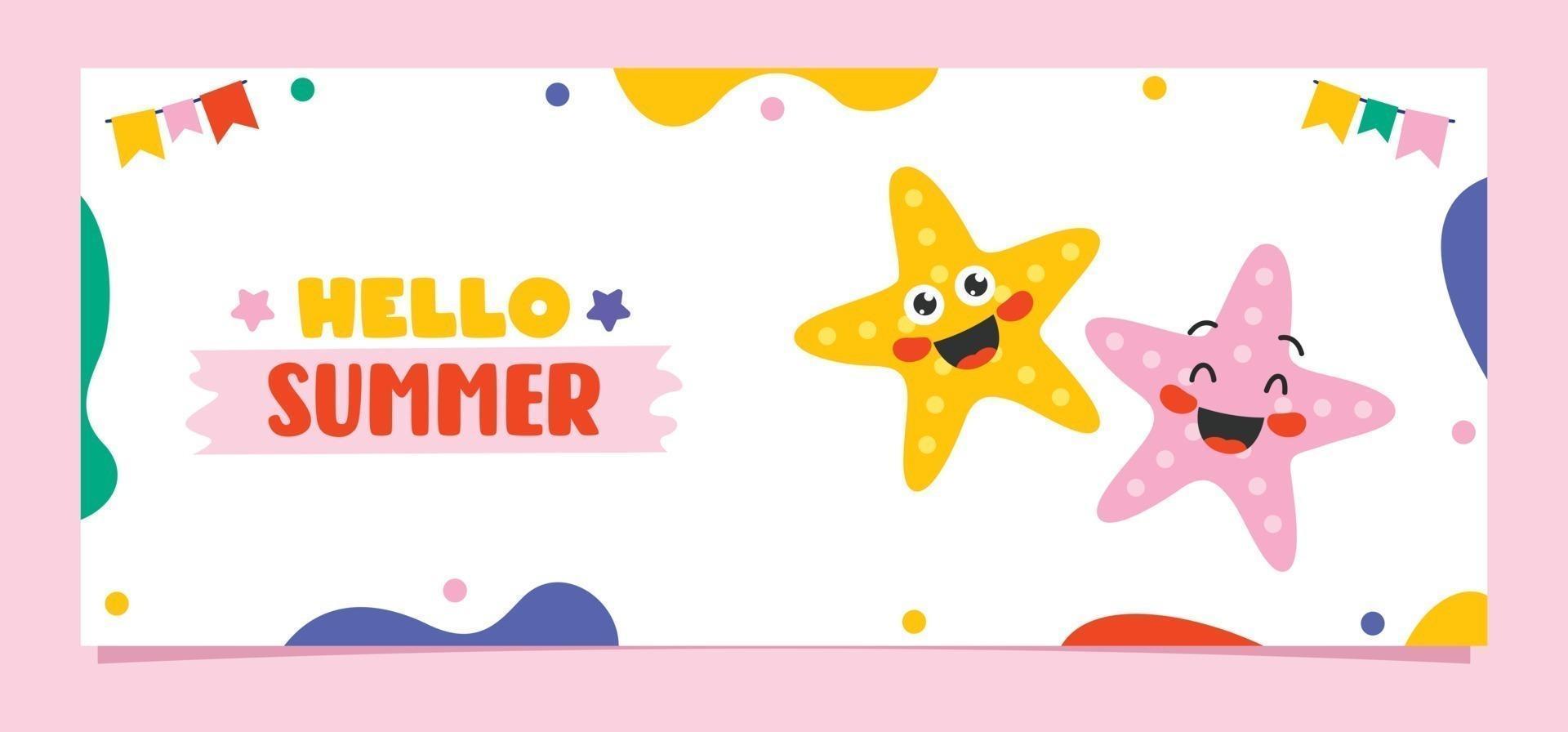 banner de verano plano con estrellas de mar de dibujos animados vector