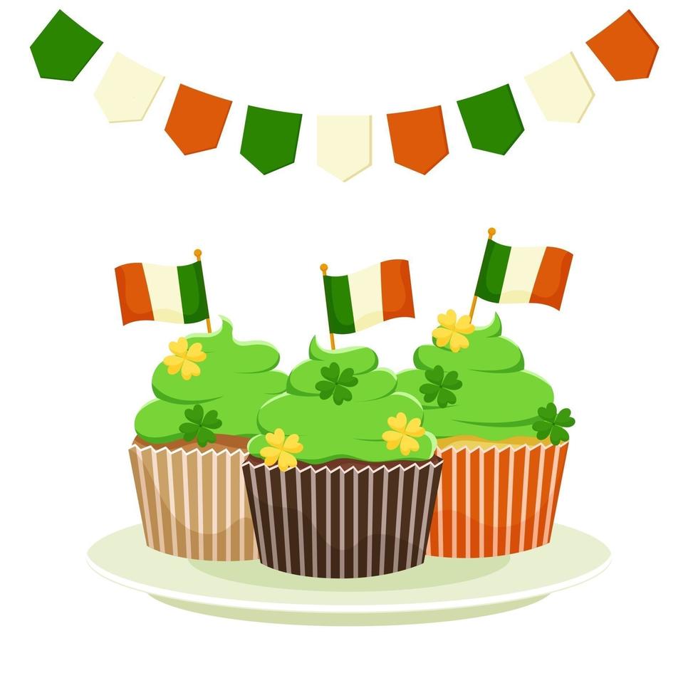Dessert of three cupcakes decorated with the flag of Ireland, an illustration for St. Patrick's Day. Vector cartoon illustration isolated on a white background.