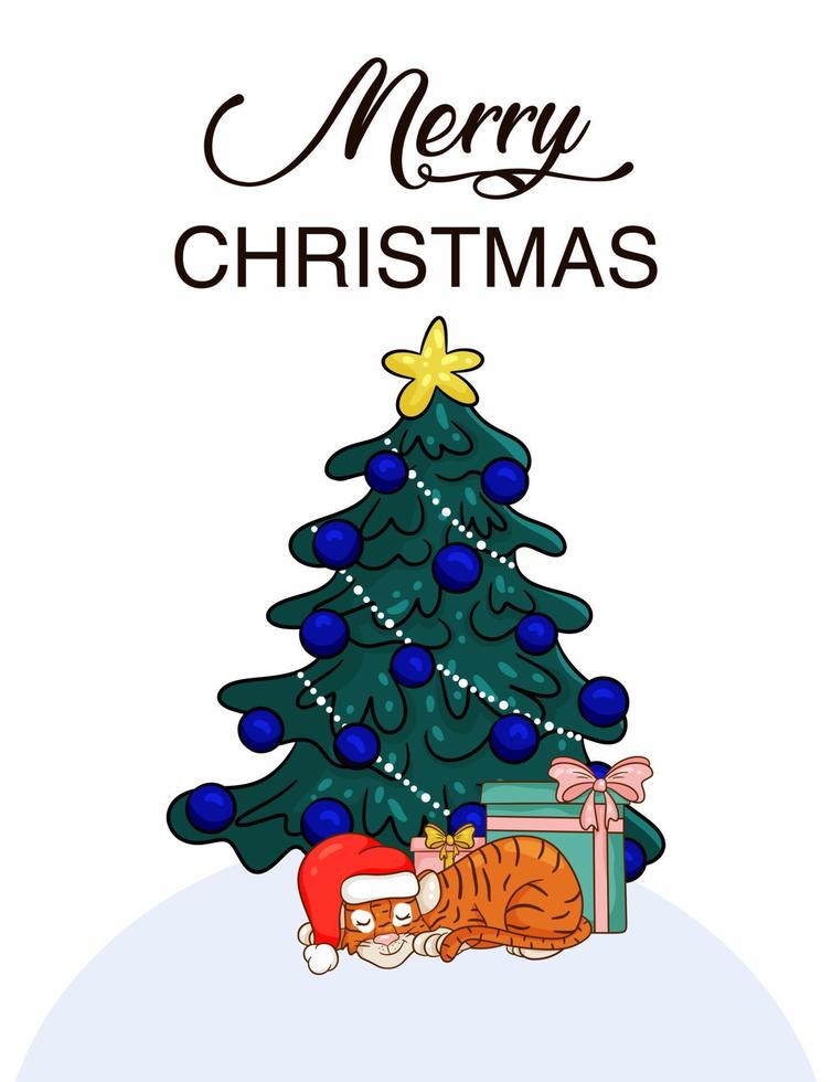 Cute cartoon tiger with gift in Santa hat, next to a Christmas tree. Symbol of the year according to the Chinese calendar. Christmas card. Vector illustration