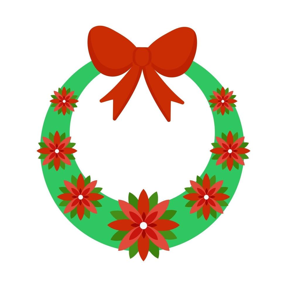 Christmas wreath decorated with flowers and red bow. Celebration of the New Year in December. Vector flat style.