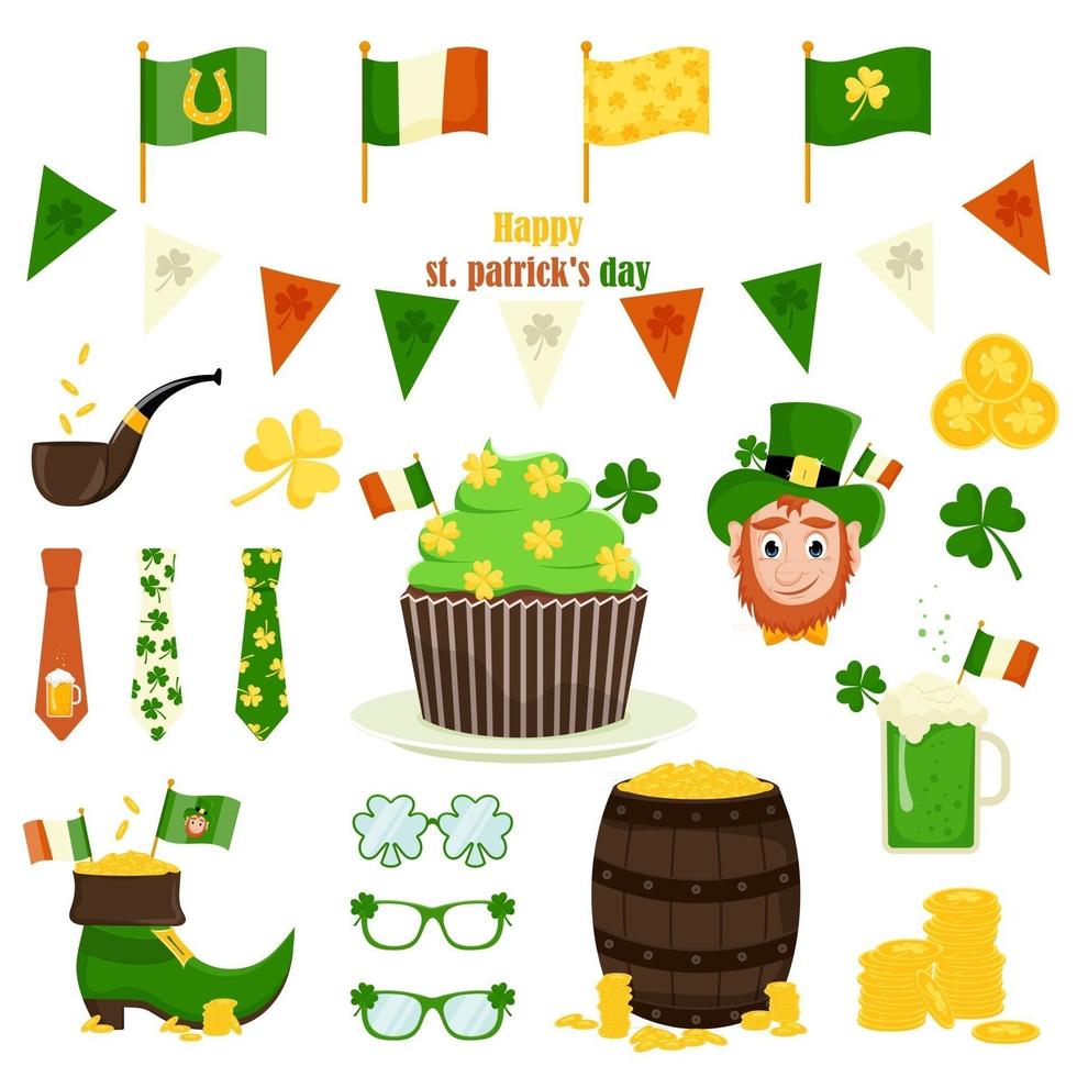 St. Patrick's Day vector icons set isolated on a white background. Flat style, cartoon style elements shamrock, leprechaun, barrel of gold, beer, shoe, glasses, pipe, flags, cake