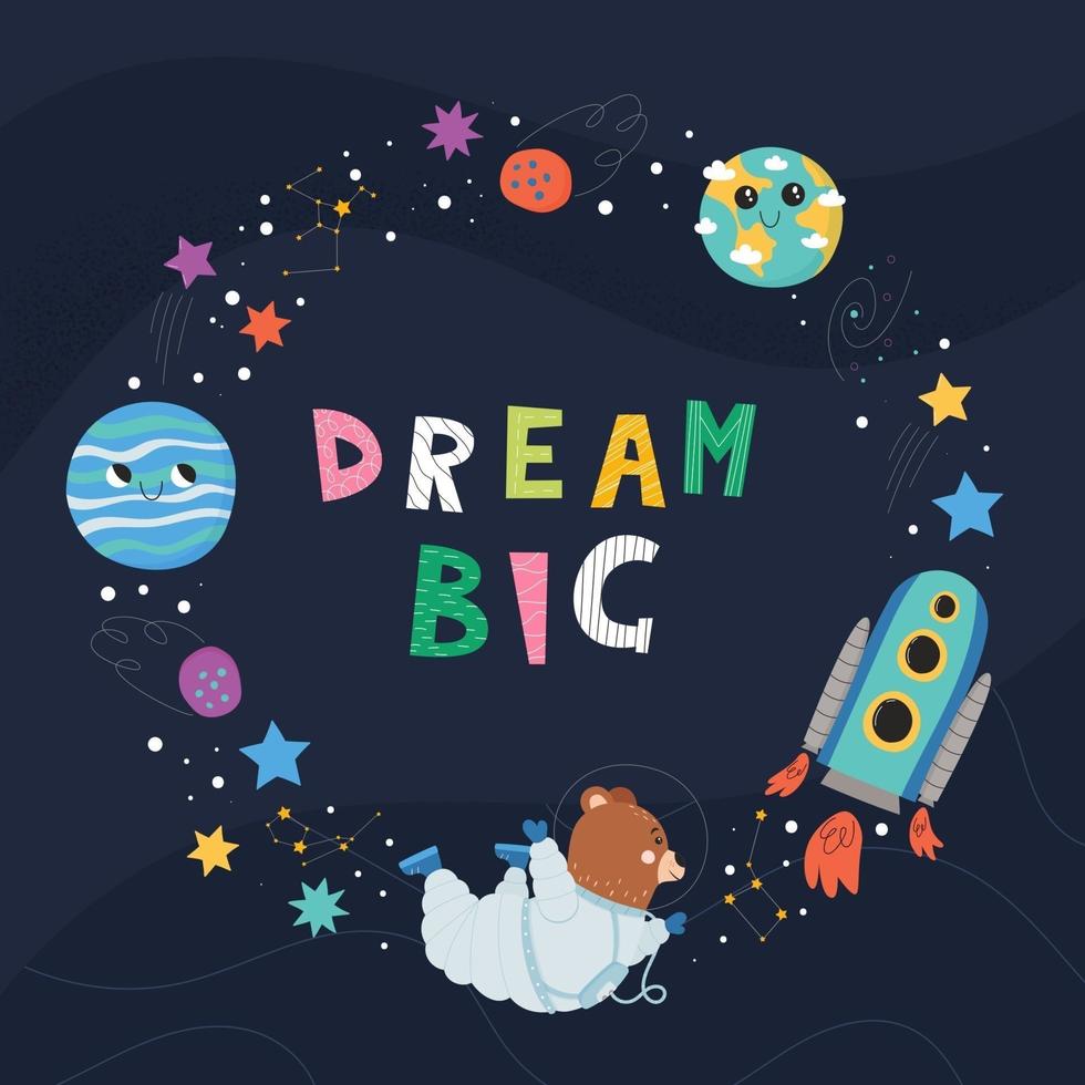 Cute poster for children with spaceship, bear astronaut, planets and stars. Space concept. vector