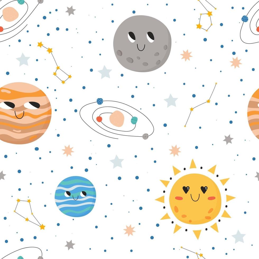 Cute seamless pattern with space concept. Planets, galaxy, stars and constellation. Great for children and nursery. vector
