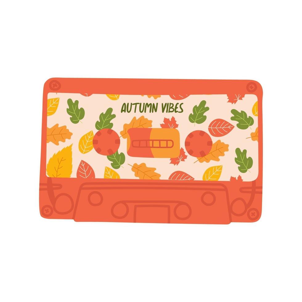 Hand drawn vector music cassette with autumn leaves pattern. Vector illustration