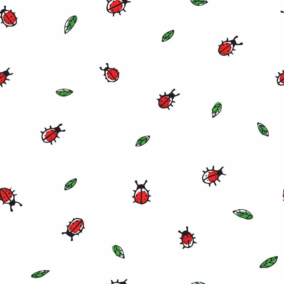 Cute summer pattern with hand drawn ladybugs and leaves. Creative surface design for textile, backgrounds, prints, packages and kids designs vector