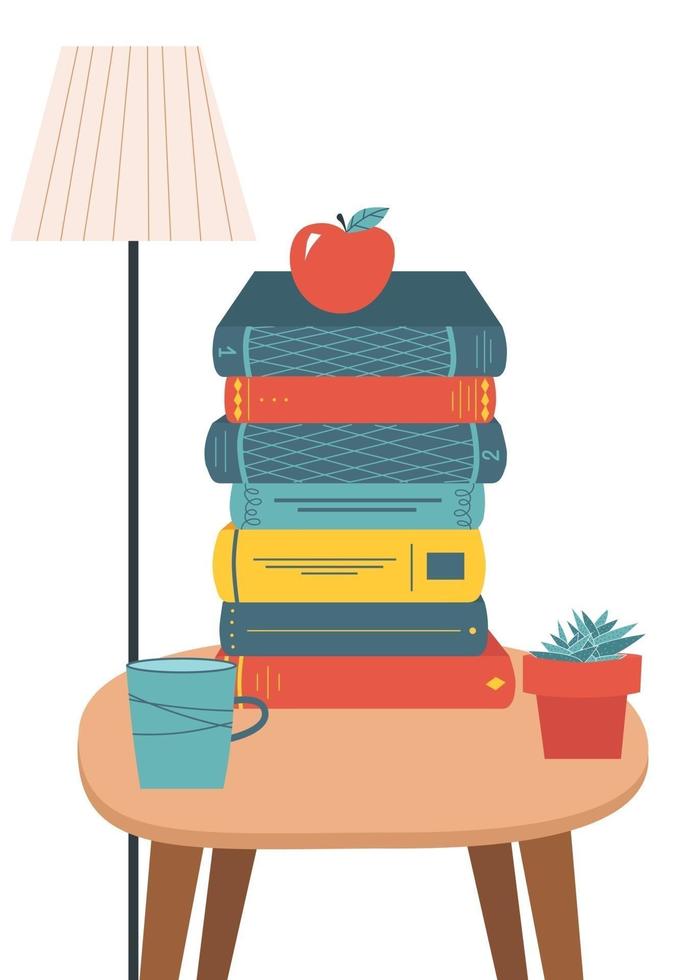 Stack of colorful books upon table. Colorful composition with books, cup and flower pot. Vector illustration in flat style can be used for cars, posters, library and bookstore interiors