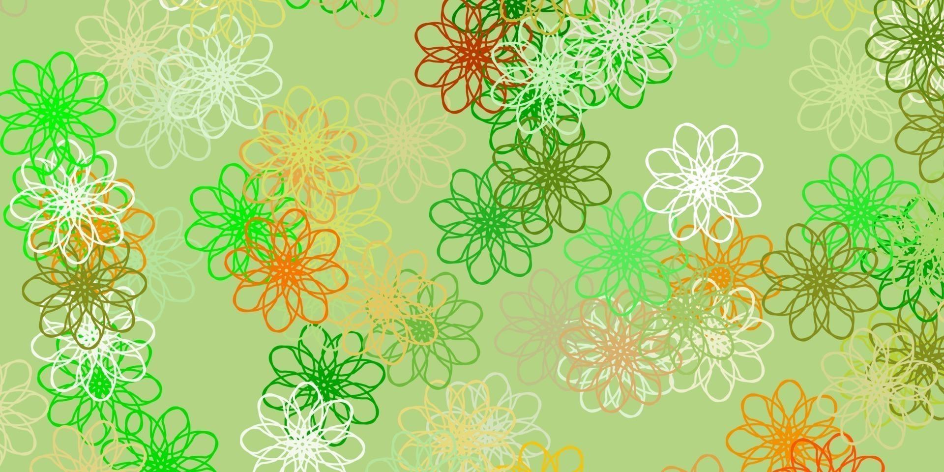 Fondo de doodle de vector verde claro, amarillo con flores.