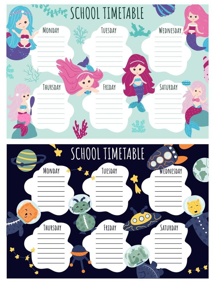 School Timetable. Weekly schedule vector template for school students.