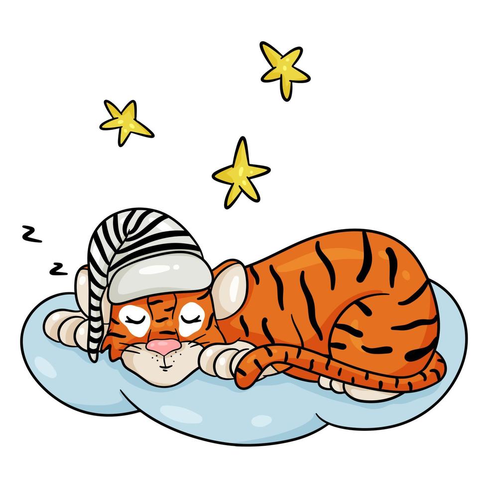 Cute Tiger is sleeping on a cloud. The symbol of the new year according to the Chinese or Eastern calendar. Vector editable illustration, cartoon style