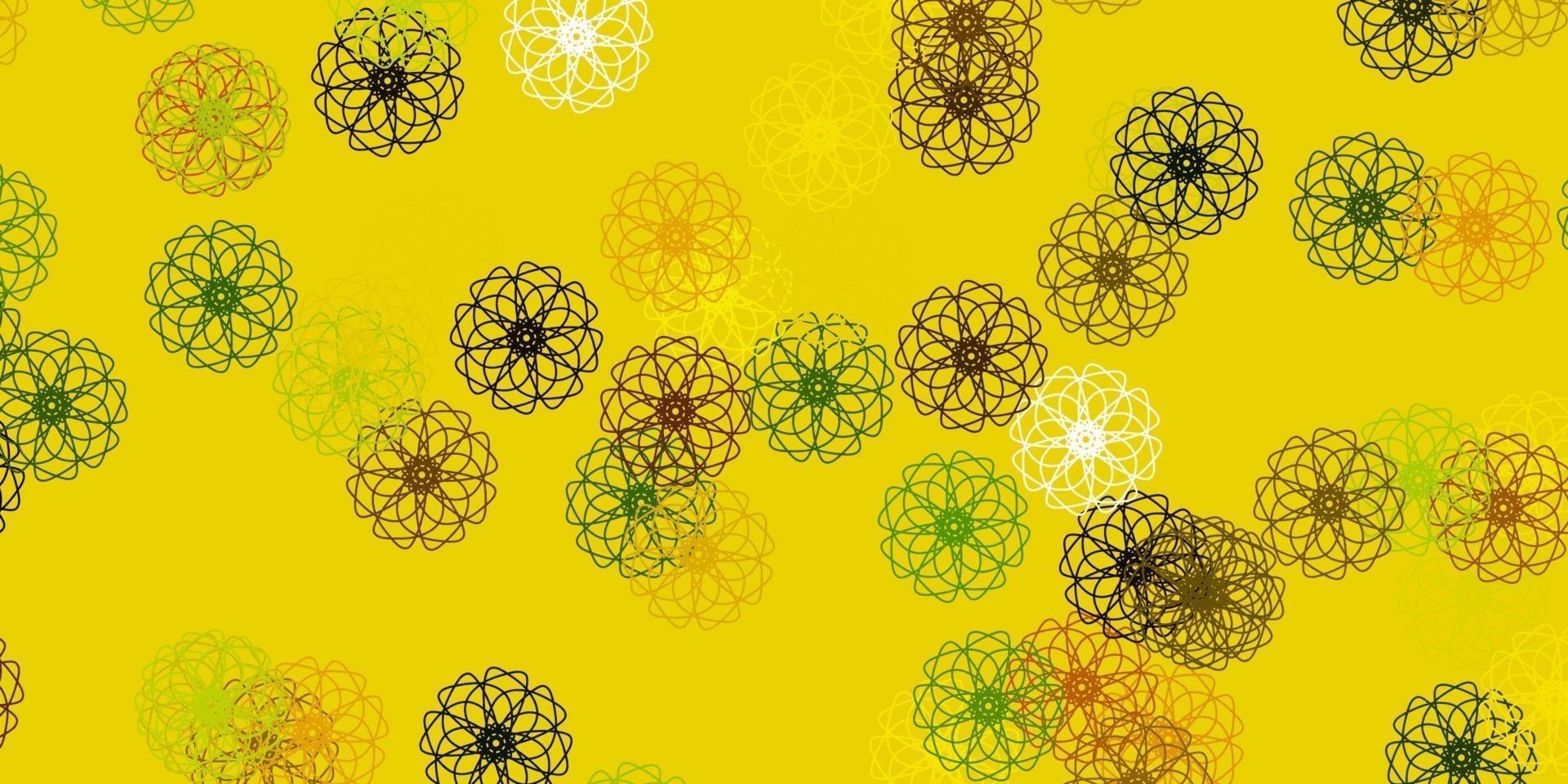 Fondo de doodle de vector verde claro, amarillo con flores.