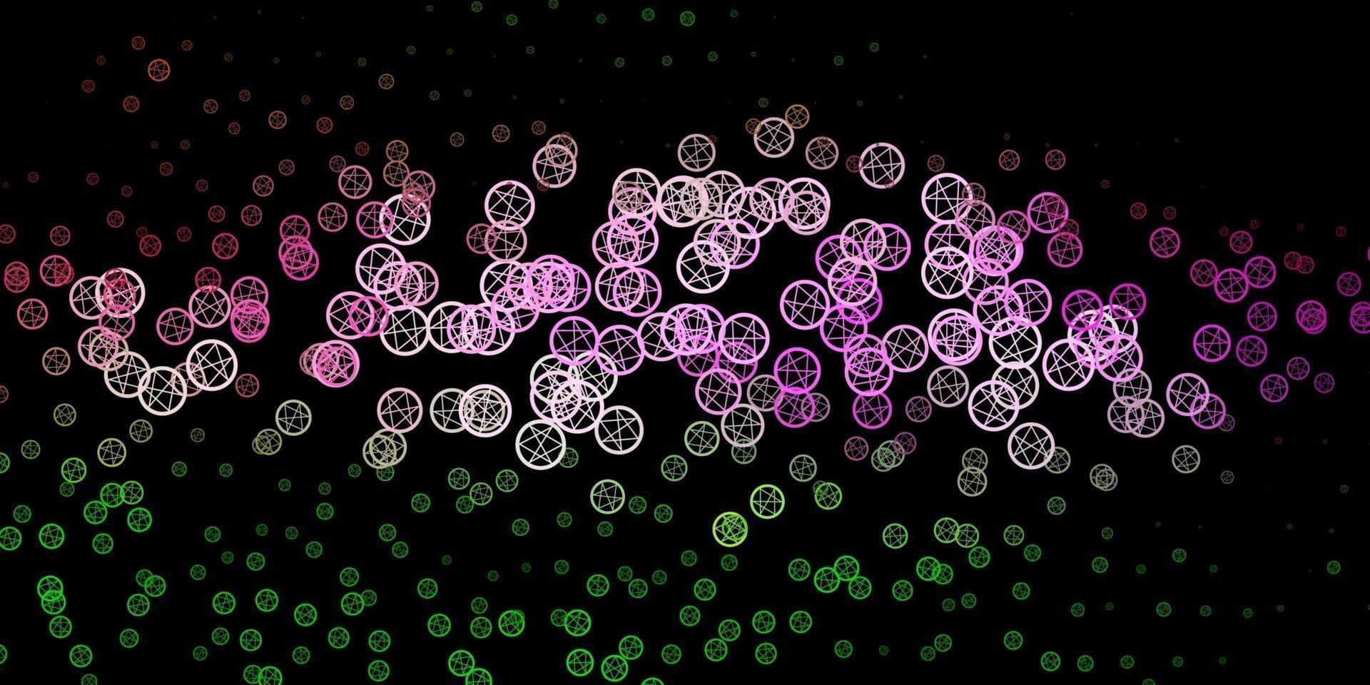 Dark Pink, Green vector background with occult symbols.