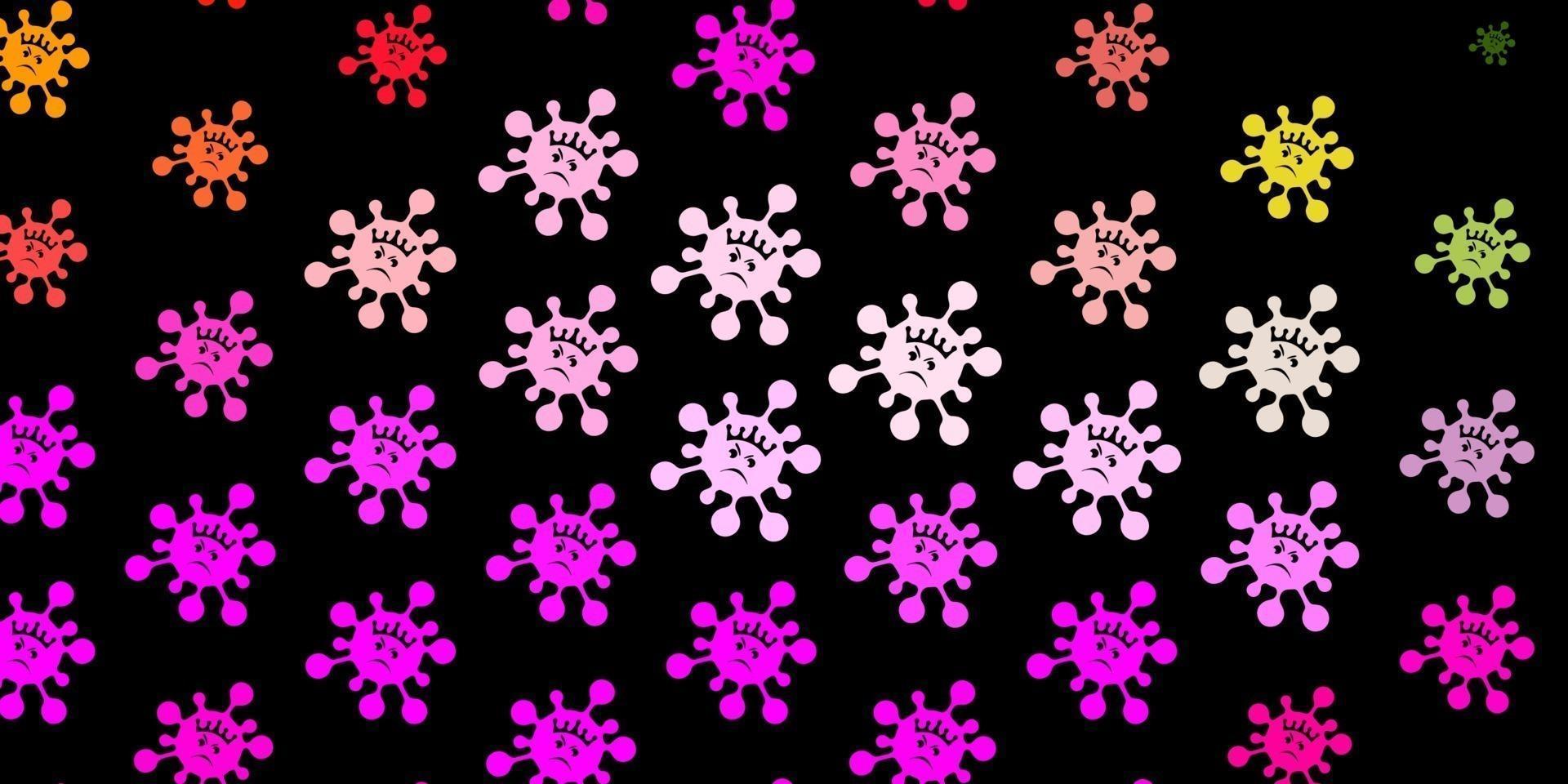 Dark pink, green vector background with covid-19 symbols.