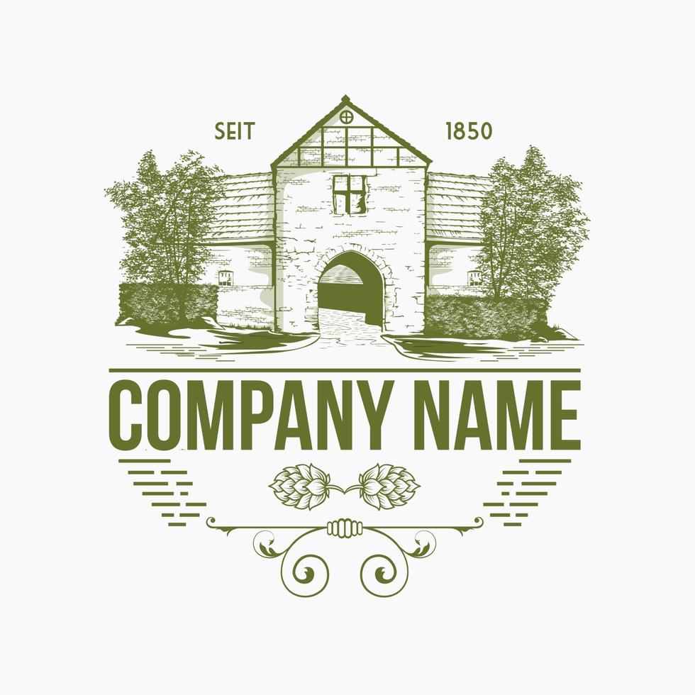 hand drawn house logo, old style building vintage style house illustration vector