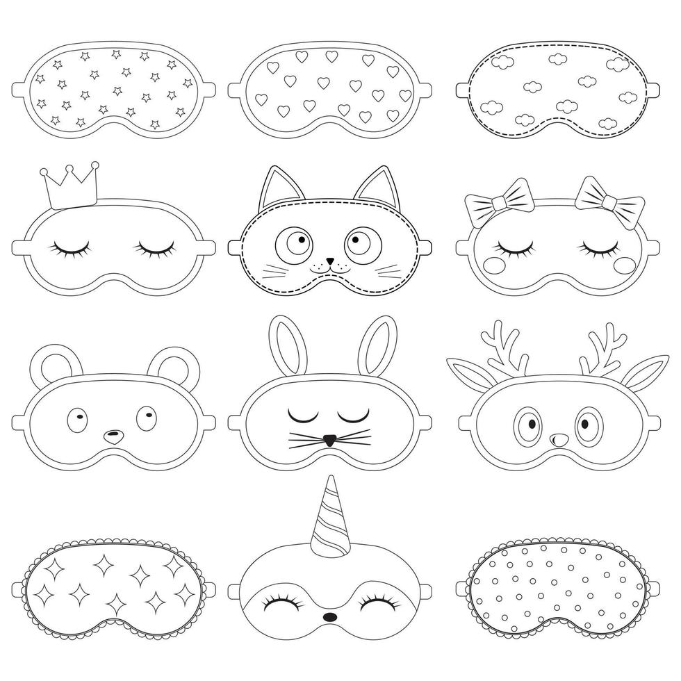 set of sleep mask with a pattern, black contour, isolated vector illustration