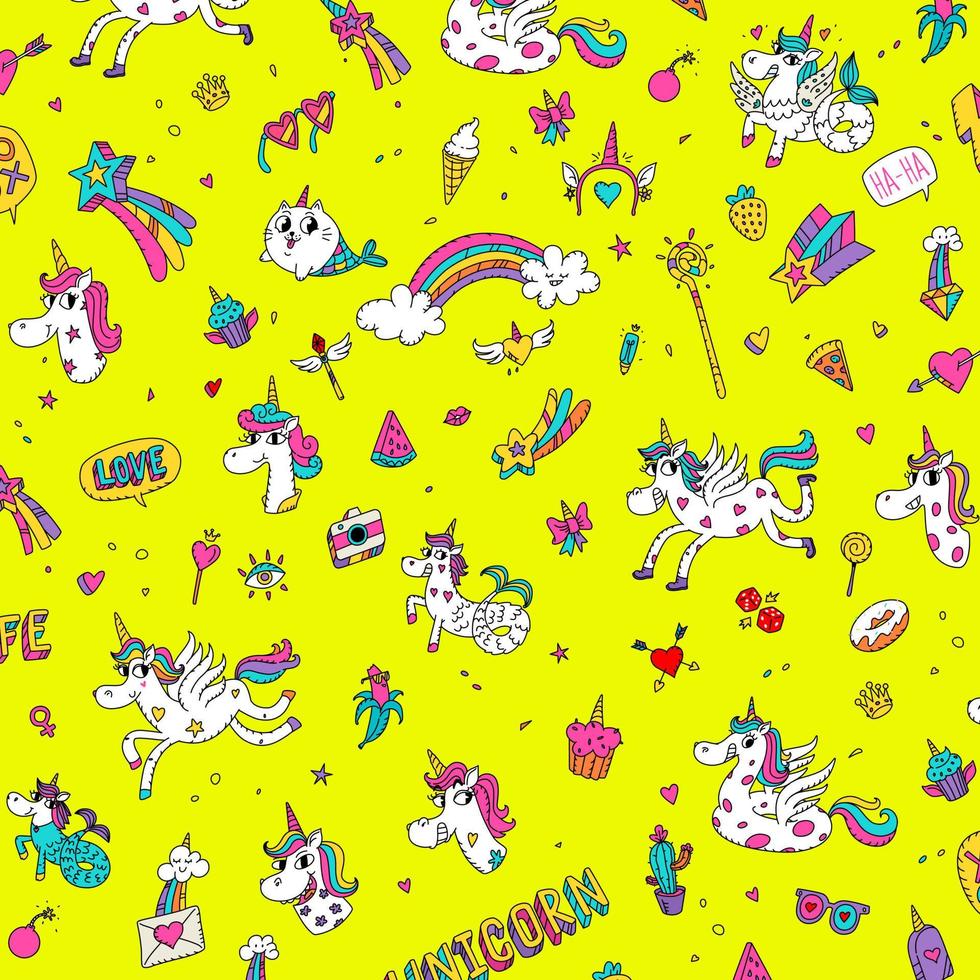 Pattern of unicorns, mermaids, horses and girlish things. Vector. Illustration of mythical creatures. Icons for website and labels. Beautiful fabric ornament in children's clothing. vector