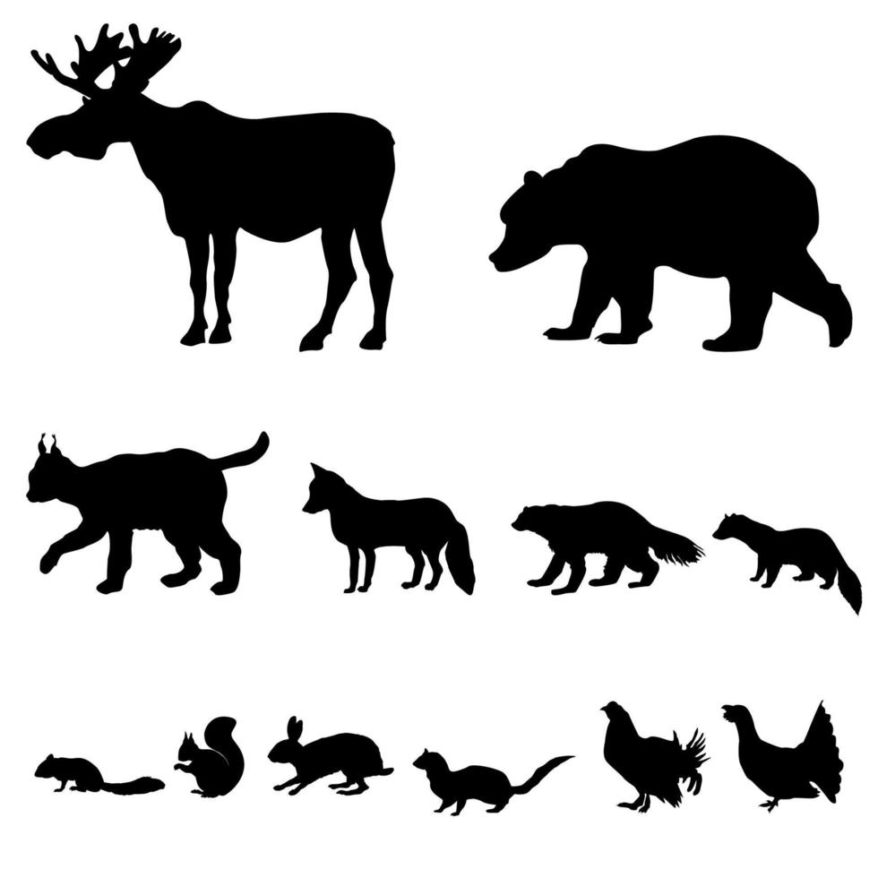 Animals living in taiga. Vector set of silhouette isolated on white background.