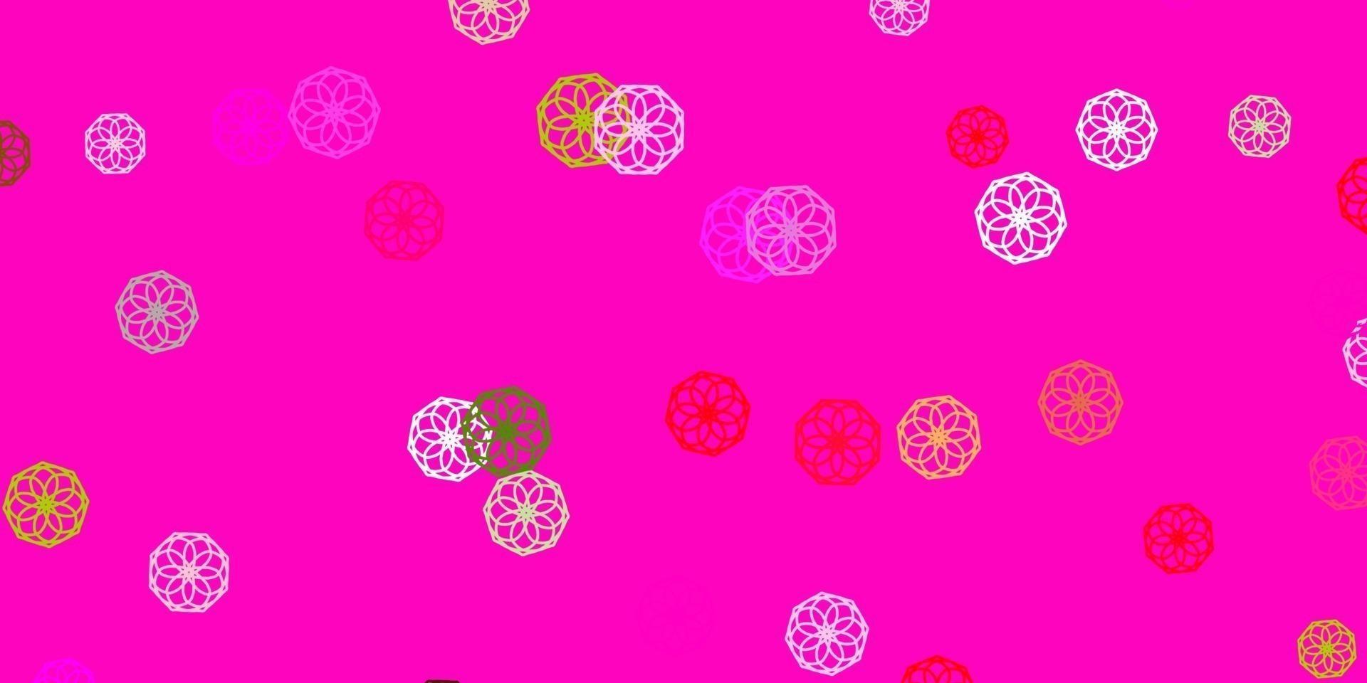 plantilla de doodle de vector rosa claro, verde con flores.